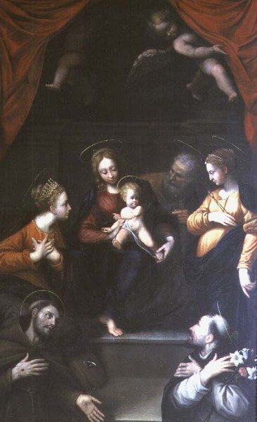 Madonna en Kind met St. Jozef en andere heiligen door Innocenzo da Imola