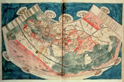 Wereldkaart gebaseerd op een beschrijving door Ptolemaeus (aquarel) door (c.90 168)(after) Ptolemy