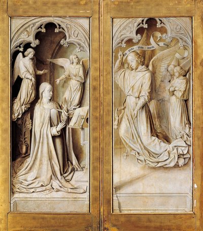 Annunciatie in grisaille, buitenvleugels van drieluik altaarstuk, ca. 1489-1502 door (fl.c.1483 c.1529) Master of Moulins