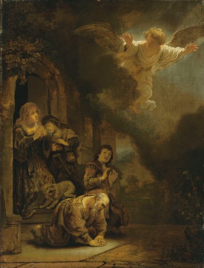 De Aartsengel Raphael neemt afscheid van Tobit en zijn familie door studio of Rembrandt Harmensz. van Rijn