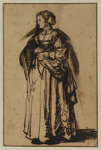 De vrouw van de kunstenaar, Saskia, staand en bloemen in haar handen houdend door (workshop of) Rembrandt Harmensz. van Rijn