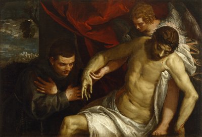 De Dode Christus Ondersteund door een Engel en Aanbeden door een Franciscaan door Paolo Veronese