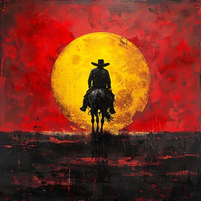 Vintage Western Cowboy en Zonsondergang Cartoon Poster voor Muurdecor door F. Abderrahim