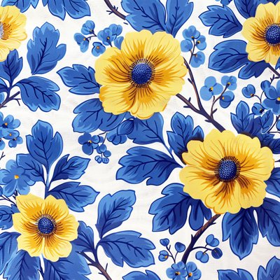 Blauw en geel bloemenblokpatroon voor moderne muurkunstprints door F. Abderrahim