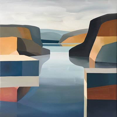 Muurkunstprints: Minimalistisch uitzicht op het meer landschap voor stijlvolle muurdecoratie door F. Abderrahim