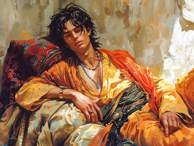 Cyberpunk figuratieve muurkunstprints: Portret van een liggende figuur door F. Abderrahim