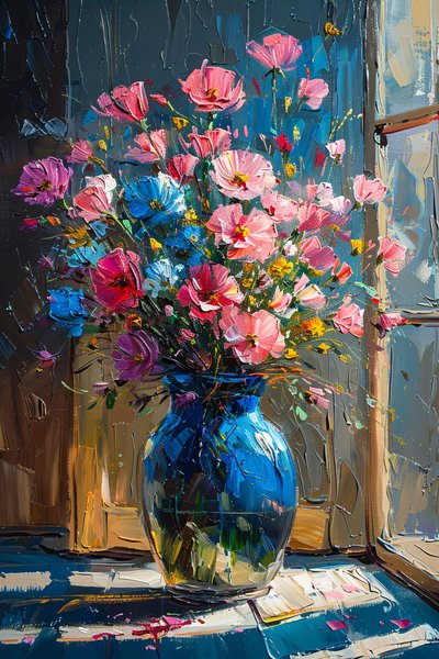 Olieverfschilderij van rommelige roze & blauwe bloemen door F. Abderrahim