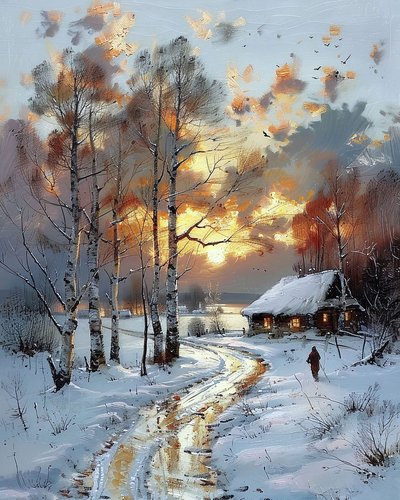 Zonsondergang in een natuurlijk uitzicht naast een houten hut op een besneeuwde dag door F. Abderrahim