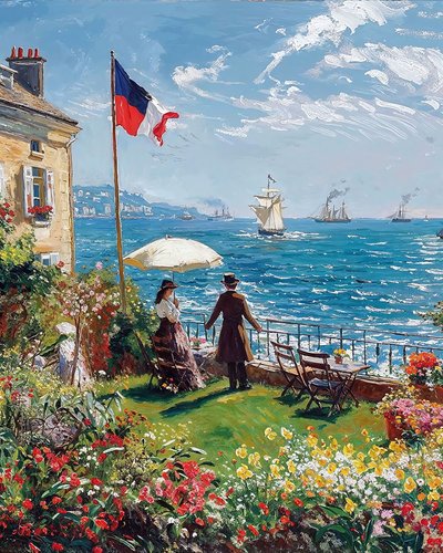 Balkon van een huis met uitzicht op zee op een zonnige dag door F. Abderrahim