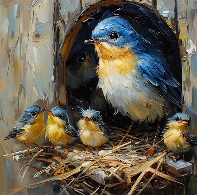 Een kleurrijke vogel  zijn jong in een nest in een boom, muurdecor voor slaapkamer door F. Abderrahim