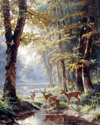 Een hert tussen de bomen drinkt water uit een meer, olieverf op canvas door F. Abderrahim
