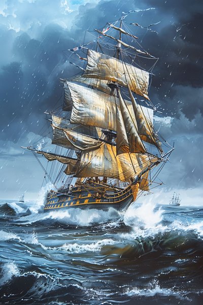 Een olieverfschilderij van een fregat met volle zeilen te midden van de golven van een woeste zee door F. Abderrahim