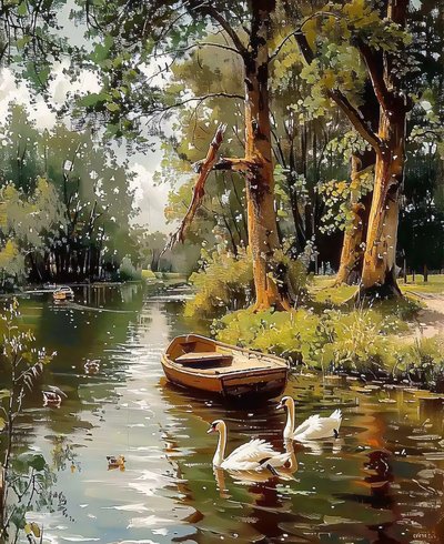 Ganzen zwemmen in een waterstroom tussen bomen, Canvas  ingelijste wanddecoratie door F. Abderrahim