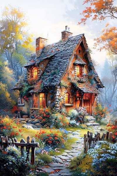 Landschap schilderij op canvas, boerderij huis schilderij, natuur muur decor door F. Abderrahim