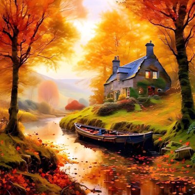 Schilderij van een hut in het bos met een beekje, herfstlandschap door F. Abderrahim