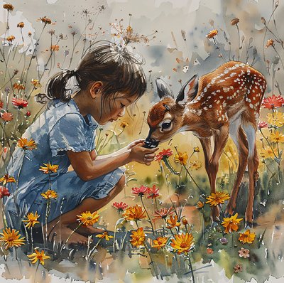 aquarel Meisje dat een babyhert voedt, gevlekt ree door F. Abderrahim