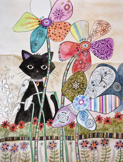 Kat achter bloemen door Marys Watercolors