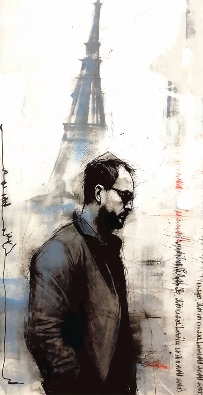 Schilderij van een man die naar beneden loopt in parijs, Wall Decor You