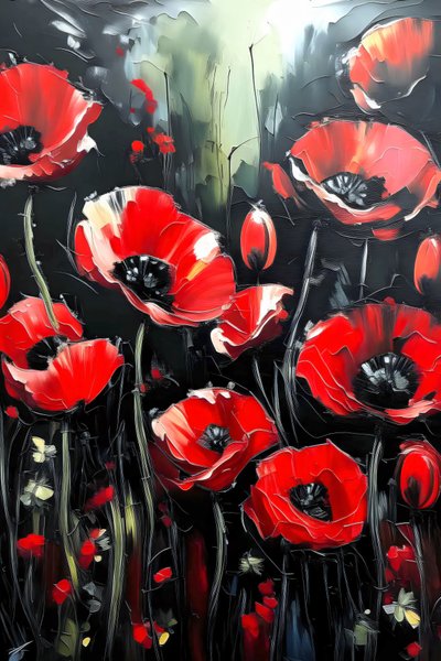 knife painting, levendige rode klaprozen aangebracht in dikke lagen, online muurkunst prints door F. Abderrahim