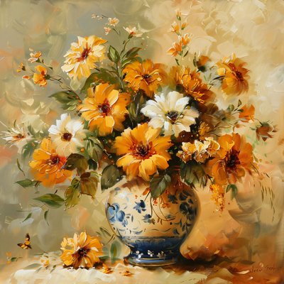 19e-eeuwse, vaas versierd met elegante gouden bloemen Wanddecoratie voor kamer door F. Abderrahim