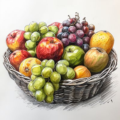 een mand met fruit, eenvoudige stilleven tekening, wall art prints op aanvraag door F. Abderrahim