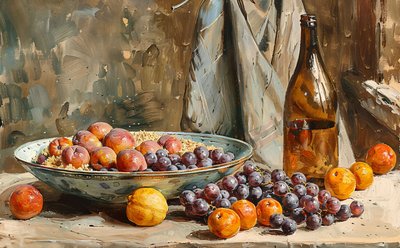 Een stilleven, fruit  fles wijn, penseelwerk schilderij, Muurdecoratie te koop door F. Abderrahim