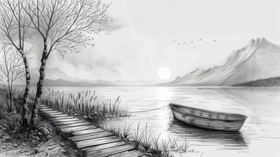 Boot in het midden van een rivier, getekend met zwarte lijnen, canvas prints op maat online door F. Abderrahim