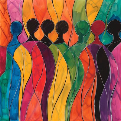 Mensenmenigte in een veelkleurig kunstwerk, grote canvas prints door F. Abderrahim