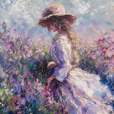Dame in jurk in de natuur, Opbeurende levensgeur, Monet-stijl, online kunst afdrukken door F. Abderrahim