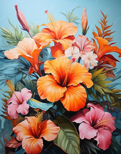 Schilderij van een boeket oranje en roze bloemen, wanddecoratieprints door F. Abderrahim