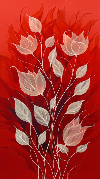 Planten en bloemen getekend in wit op een rode achtergrond, wanddecoratie  canvas prints door F. Abderrahim