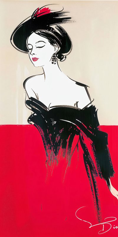 Vrouw poseert met make-up, rode  zwarte jurk, René Gruau inspiratie, jaren 60 mode door F. Abderrahim