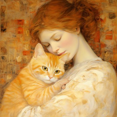 Jonge vrouw knuffelt haar kitten in Bloch Bauer-stijl, Custom Canvas Prints door F. Abderrahim