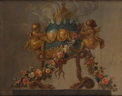 Parfumbrander ondersteund door amorini en slangen en versierd met bloemen, 18e eeuw door 18th century . French Painter