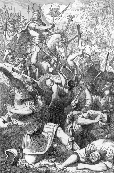 Cheruskische hoofdman Arminius bij de Slag om Teutoburg, tegen de Romeinen in 9 na Christus door 19th Century Polish School