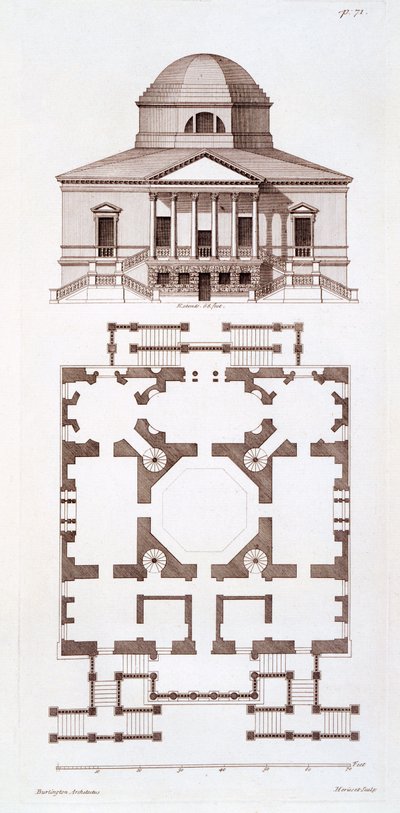 Plan en Elevatie van Chiswick House, prent gemaakt door Herisset, ca. 1720s door 3rd Earl of Burlington