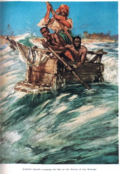 Battell arriveert bij de monding van de Mbengo, illustratie uit 