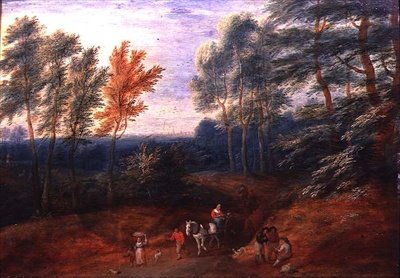 Een Bebost Landschap met Reizigers in een Hooikar door A.F. and Bouts P. Boudewyns