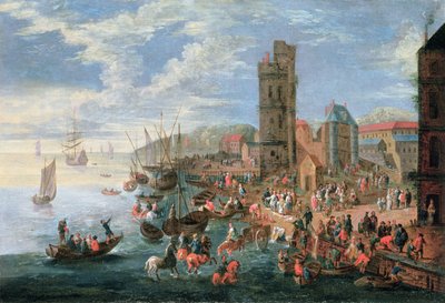 Een havenscène door A.F. and Bouts, P. Boudewyns