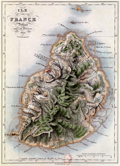 Kaart van Mauritius, illustratie uit 