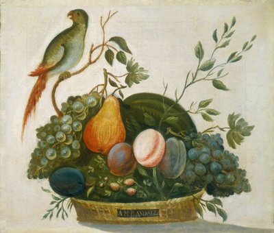 Mand met fruit en papegaai, 1777 door A.M. Randall