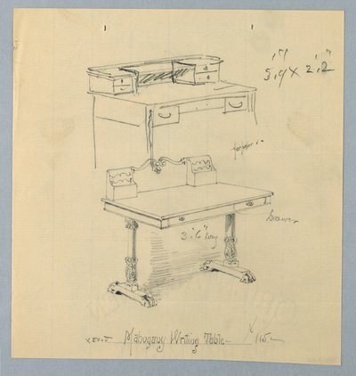 Ontwerp en Schets voor "Mahonie Schrijftafel" door A.N. Davenport Co.