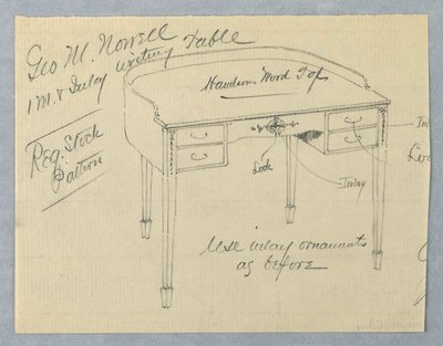 Ontwerp voor mahoniehouten inleg schrijftafel voor George M. Nowell door A.N. Davenport Co.