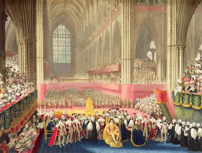 De Kroning van George IV op 19 juli 1821 in Westminster Abbey (ets met aquatint) door A.W. and Stephanoff J. (after) Pugin