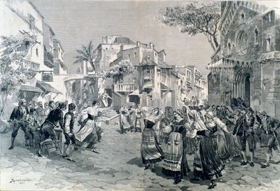 De slotscène van Cavalleria rusticana, opera door Mascagni, in het Teatro alla Scala in 1891 door A. (after) Bonamore