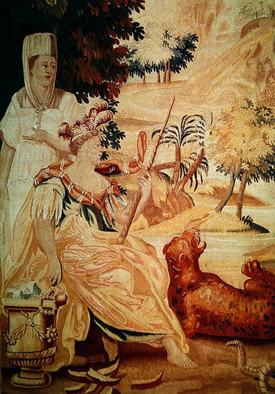 Afrika, uit een wandtapijt van de vier hoeken van de wereld, detail van figuren aan de linkerkant door A. Baertams