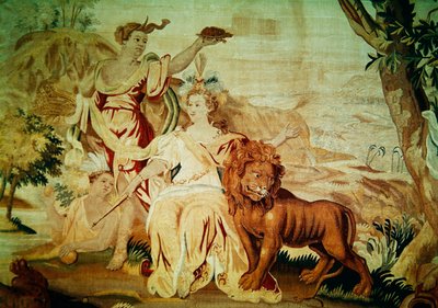 Afrika, uit een wandtapijt van de vier hoeken van de wereld, detail van de centrale figuren door A. Baertams