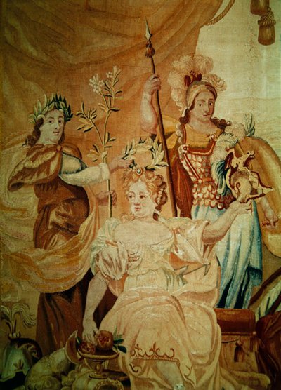 Europa, uit een wandtapijt van de vier hoeken van de wereld, detail van de figuren op het podium aan de linkerkant, eerste helft van de 18e eeuw door A. Baertams
