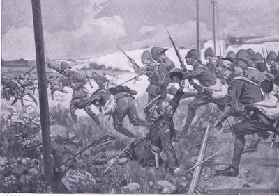 Aanval van de Schotse fuseliers bij Frederikstad, illustratie uit Na Pretoria: De Guerrillaoorlog, 1902 door A. C. Ball