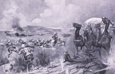 De aanval op het konvooi bij Buffelspoort, illustratie uit Na Pretoria: De Guerrillaoorlog, 1902 door A. C. Ball
